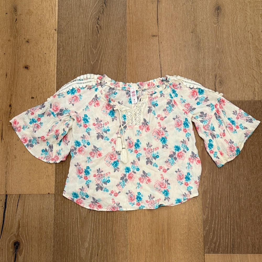 Justice Cream Floral Top with Pink and Blue Accents